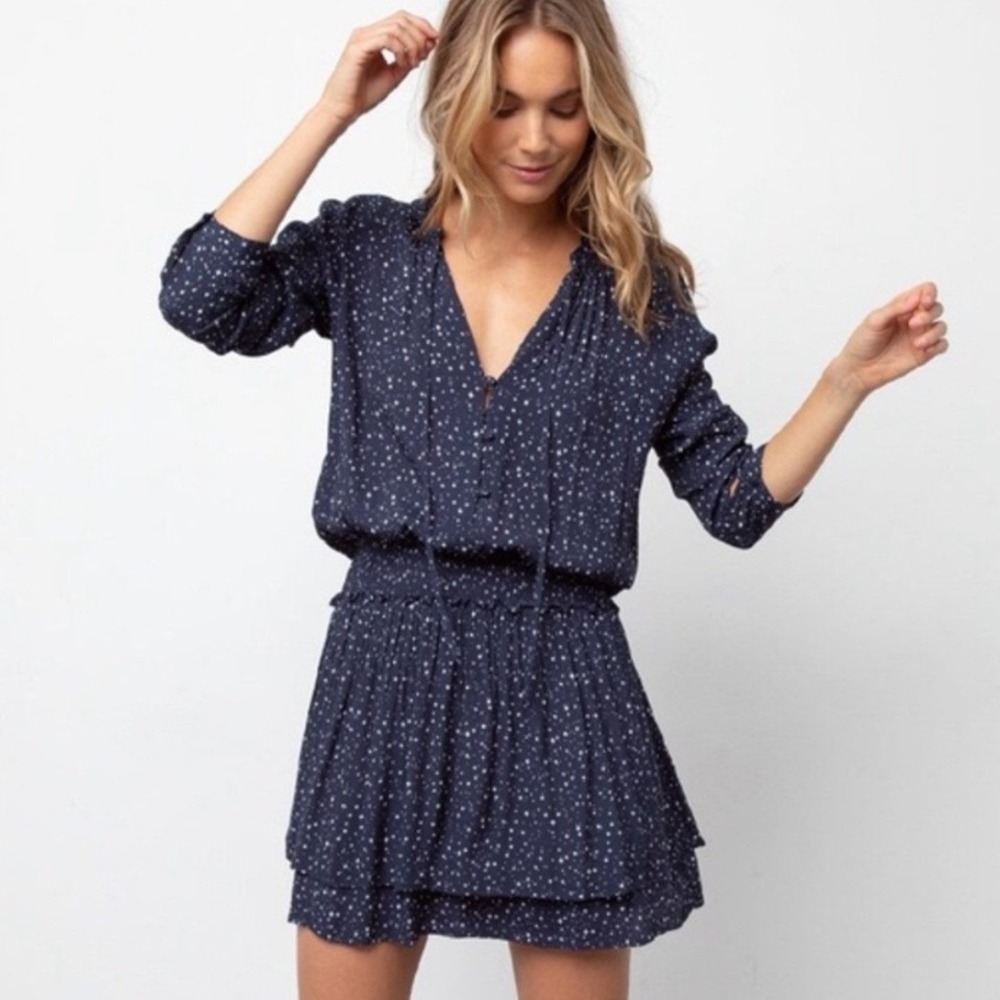 Rails Jasmine Navy Nova Star Print Smocked Waist‎ V Neck Mini Dress MEDIUM
